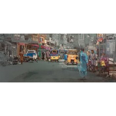 Khalid Khan-Kaay, 38 x 90 Inch, Acrylic on Canvas, Cityscape Painting, AC-KHKN-096